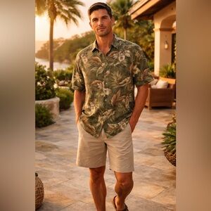 Campia Moda Rayon Hawaiian Shirt Mens L Tropical Palm Leaf Button Front